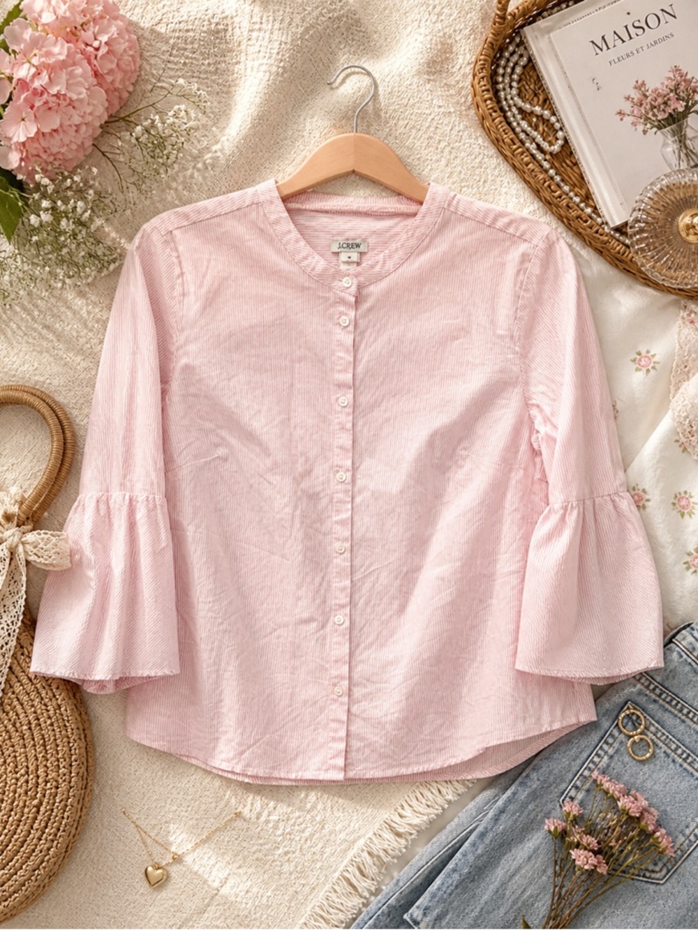 J.Crew Pink White Stripe Poplin Blouse Bell Sleeve Button Front Top Size 12